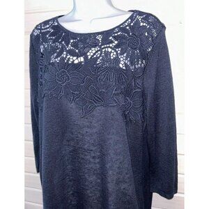 J Jill Sz PETITES MEDIUM PM Navy Blue Linen Cotton Sweater Floral Appliqué EUC